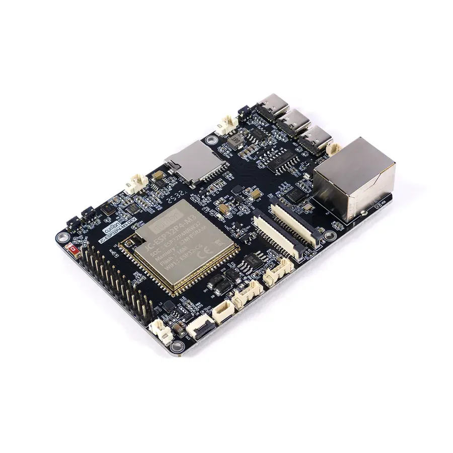 The Guition ESP32-P4-M3-Dev, the other board that now publishes both images. Its 4.3-inch display is not used by the KVM; what matters here is the Ethernet, the ESP32-C6 and which chip revision is under them.