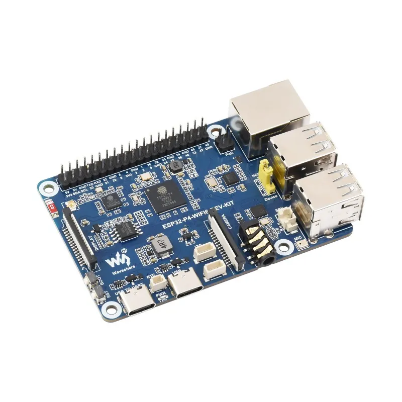 The Waveshare ESP32-P4-WIFI6-DEV-KIT. Ethernet on a PoE-capable magjack and an ESP32-C6 for WiFi 6, on one board.