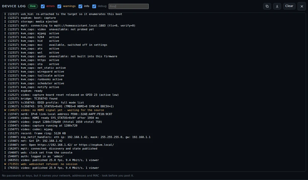 The device log, live, with a warning in yellow