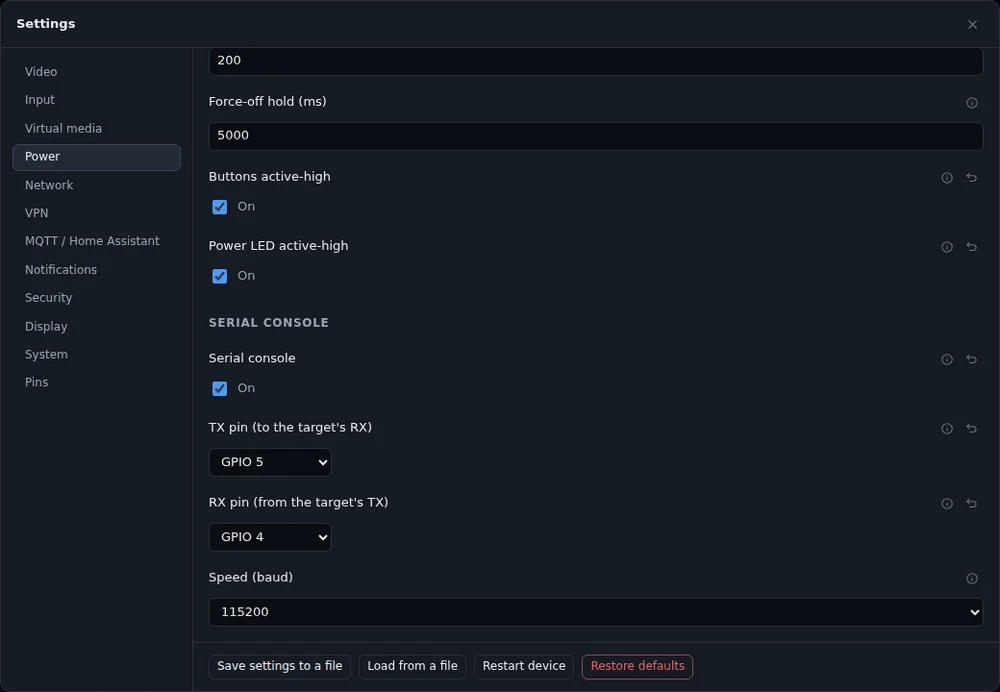 Settings -> Power -> Serial console: on, the two pins and the speed