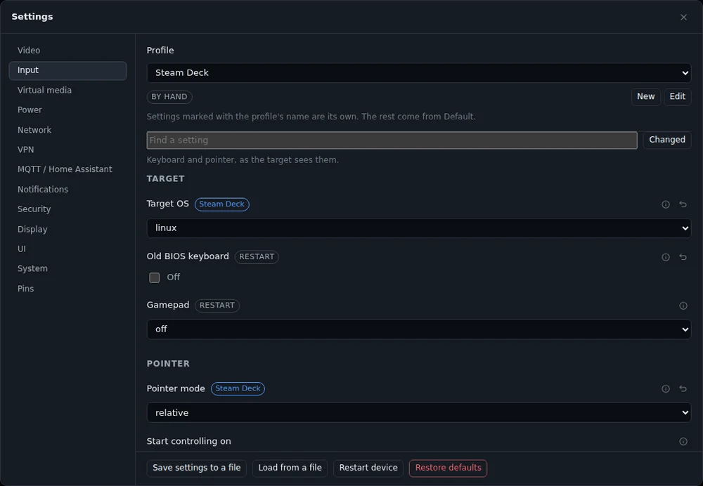 Settings under the Steam Deck profile: Target OS and Pointer mode carry its name, the rest comes from Default.