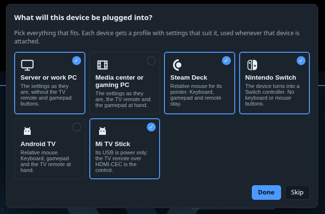 The first-run question: a server, a Steam Deck, a Switch and a Mi TV Stick picked, a media PC and an Android TV box not.
