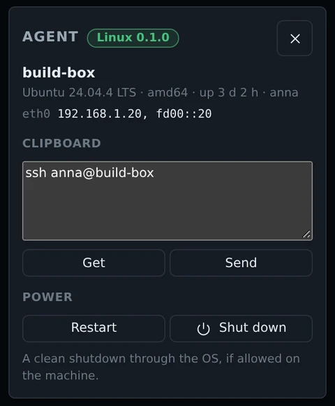The Agent window: the machine's name, OS and address, a clipboard box with Get and Send, Restart and Shut down.