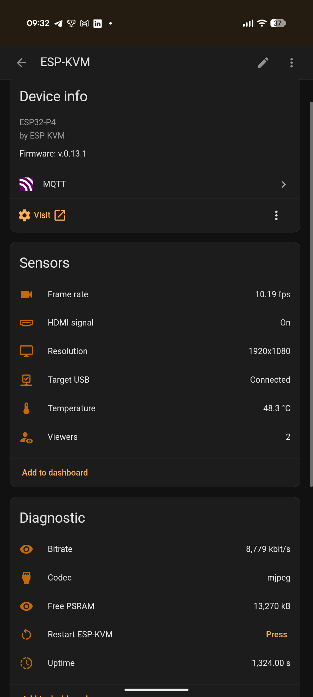 The ESP-KVM device in the Home Assistant app: firmware version, and sensors for frame rate, HDMI signal, resolution, target USB, temperature and viewers, plus diagnostic entities.